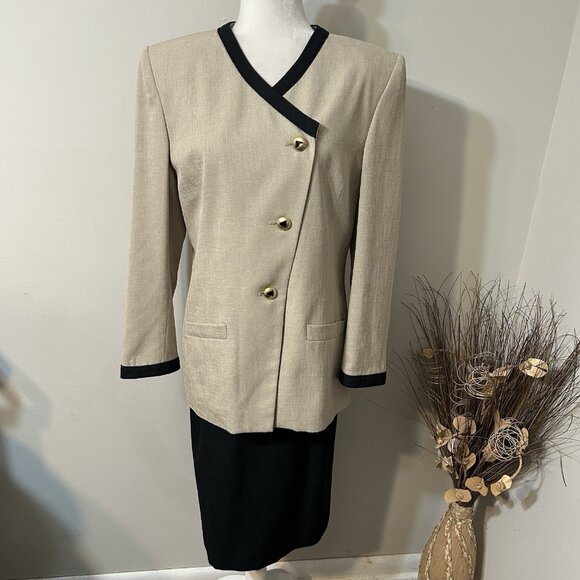 Vtg Kasper For ASL 2pc Skirt Suit Tan Black Long Sleeve Pleated Front Lined 14 - Picture 1 of 11